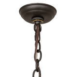 Close-up of ceiling canopy, chain, and oil rubbed bronze finish.