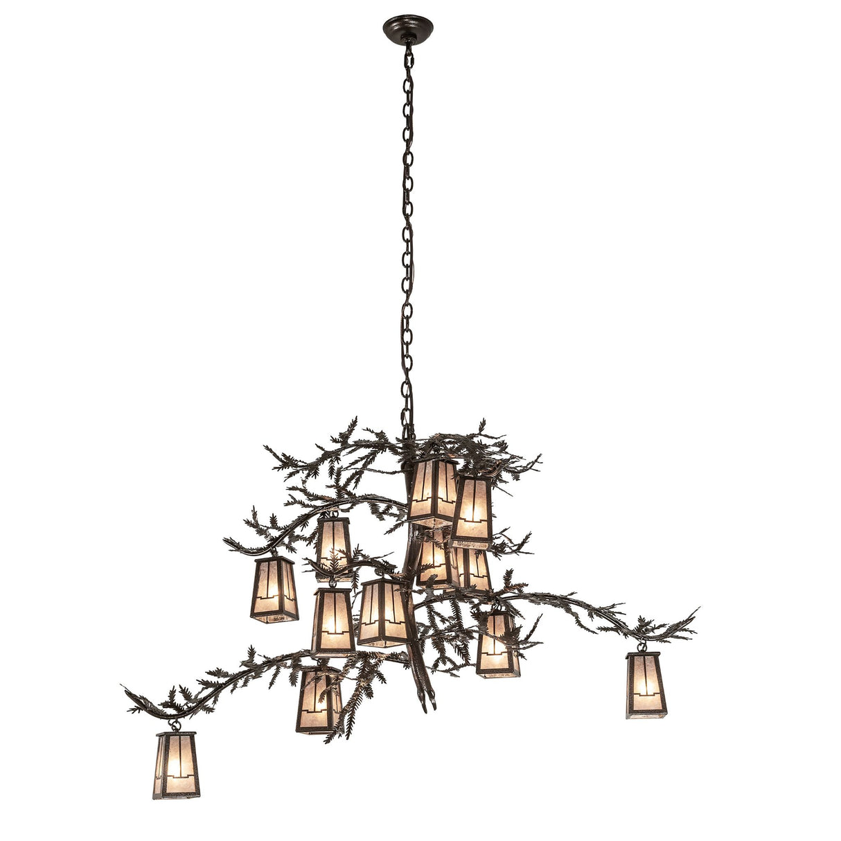 Full view of 12 light chandelier with adjustable chain suspension.