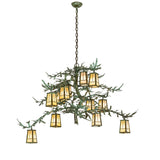 Full view of the pine branch chandelier with layered lanterns on sculpted branches.