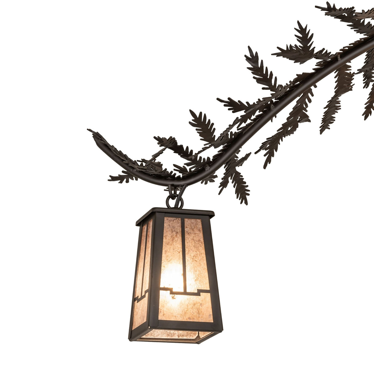 Close-up of silver mica lantern with arts and crafts inspired metal framing.