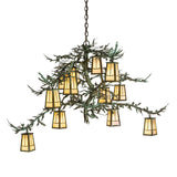 Side angle perspective showing pine needle metal accents and lanterns.