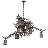 Unlit view of pine branch chandelier showing natural branch form and lantern layout.