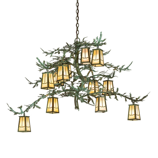Lit view of oblong pine branch chandelier with twelve glowing Craftsman lanterns.
