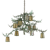Unlit pine branch chandelier with twelve lantern-style glass shades.