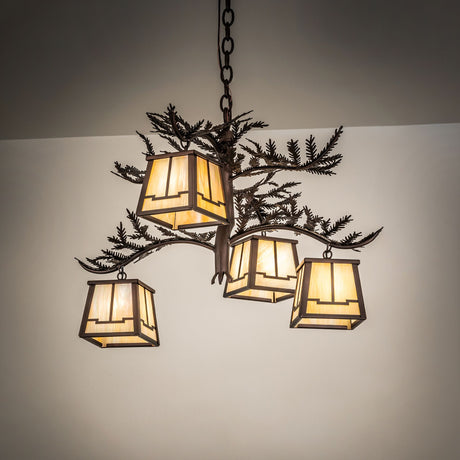 Ambient View of 4-light chandelier glowing in a room interior setting.