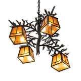 Lower angle view highlighting pine branch arms, lantern shades, and handcrafted rustic metal.