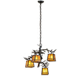 Full hanging view showing adjustable chain length and balanced lantern arrangement.