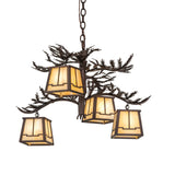 Lit View of 4-light chandelier with glowing iridescent lantern shades.