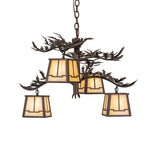 Side angle view of chandelier with four hanging lanterns.
