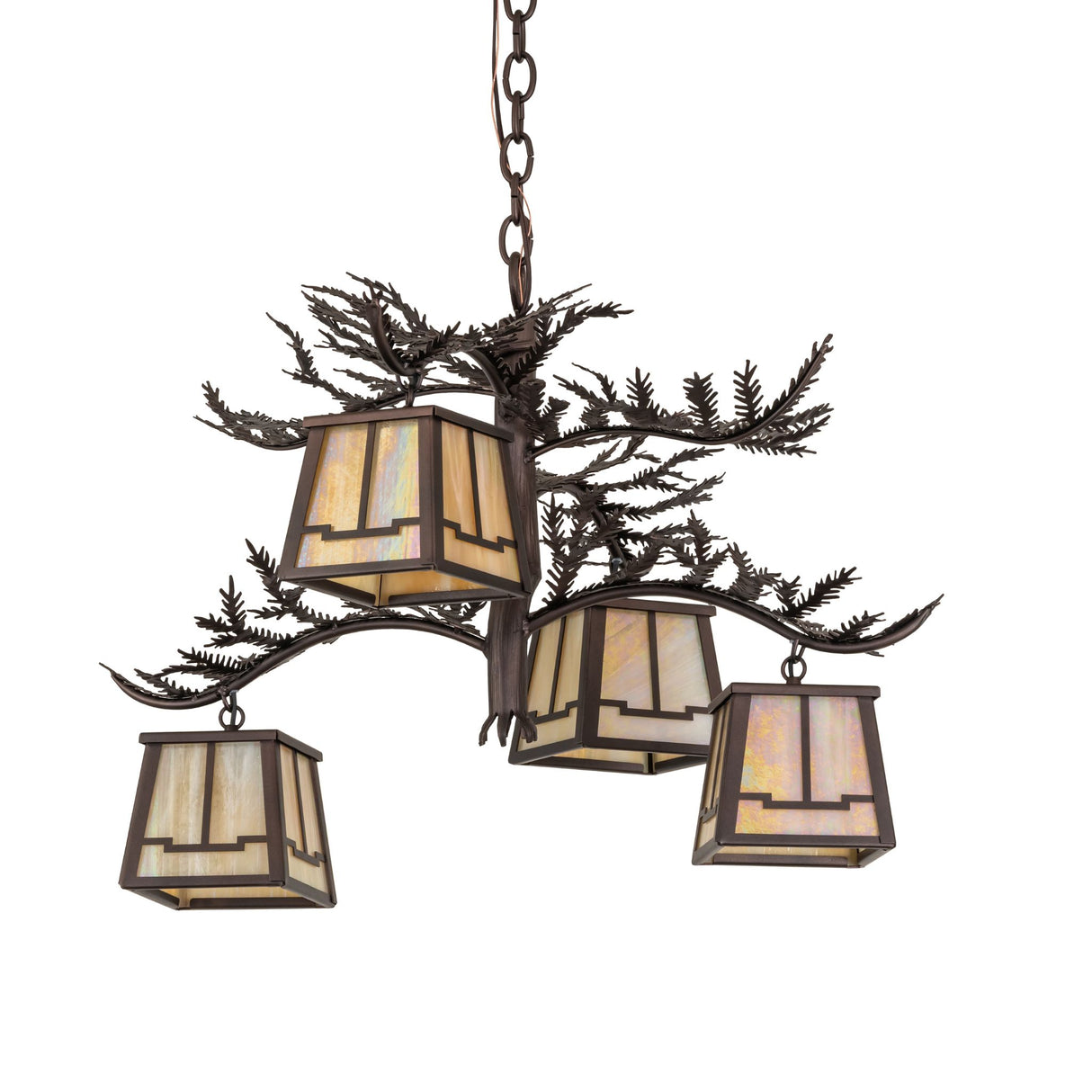 Unlit View of 4-light chandelier displaying bronze branch frame.