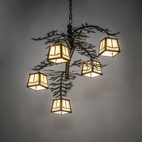 Pine Branch Valley view chandelier glowing in warm ambient lighting with natural branch detailing.