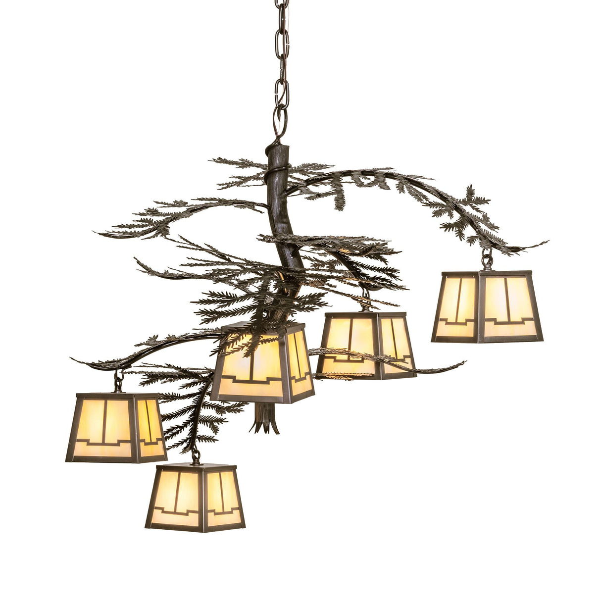Angled view of Pine Branch Valley View chandelier highlighting sculpted branch arms.
