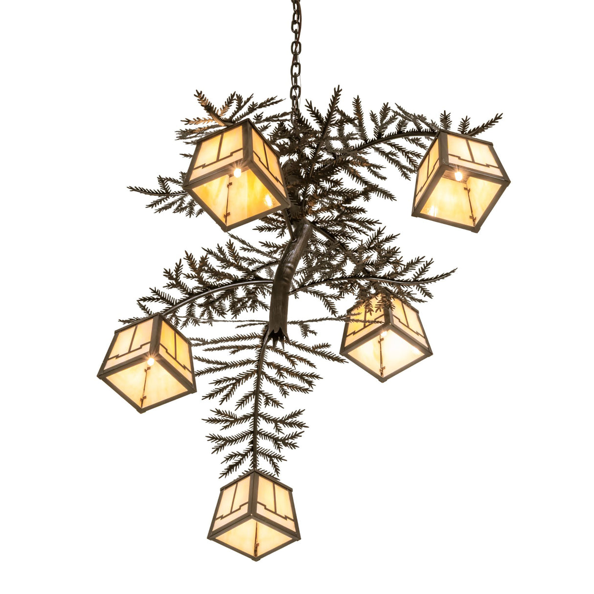 Bottom angle view of Pine Branch Valley View chandelier showing lantern arrangement.