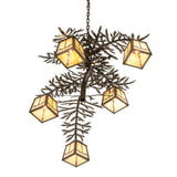 Bottom angle view of Pine Branch Valley View chandelier showing lantern arrangement.