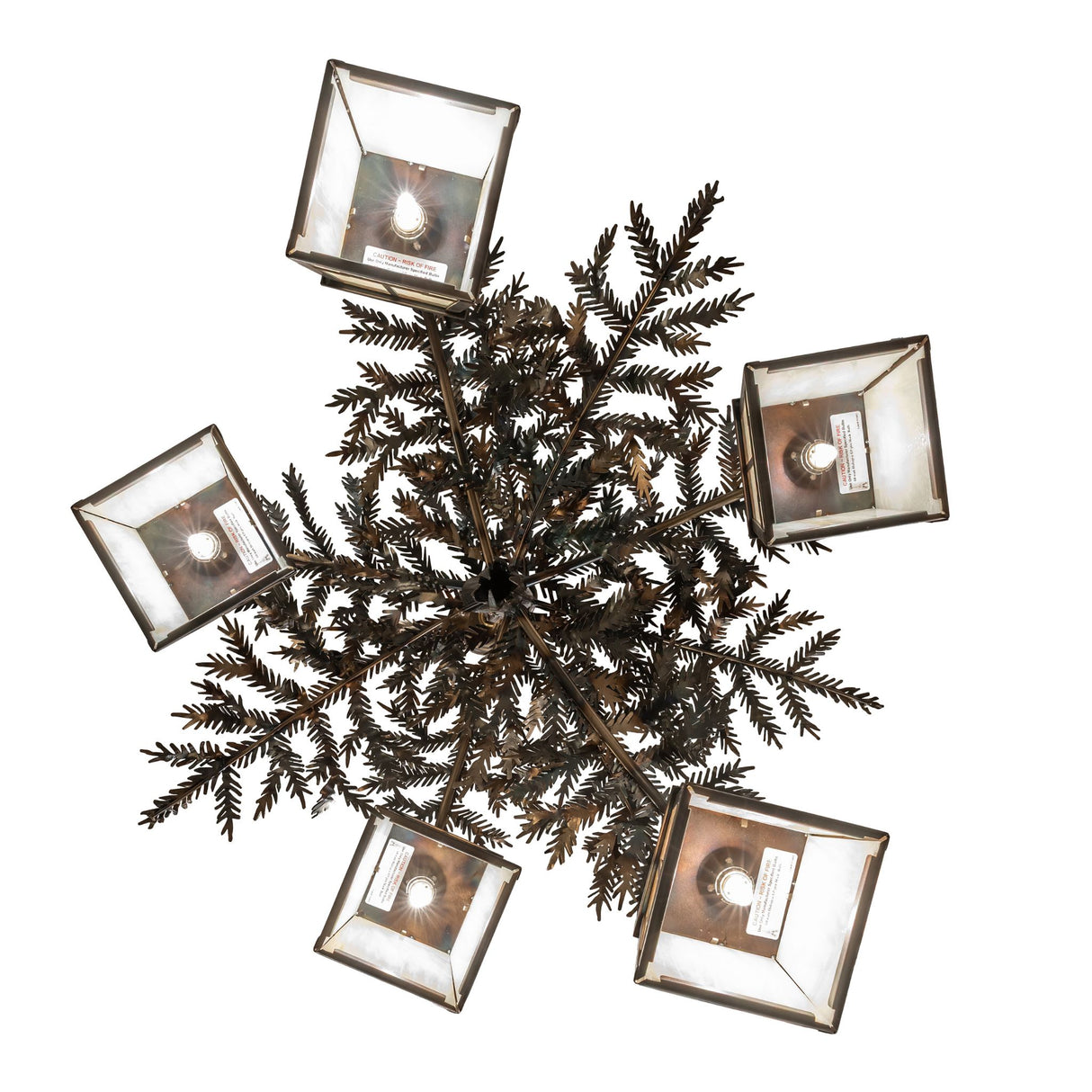 Bottom view of the chandelier revealing lantern bulbs and branch spread.