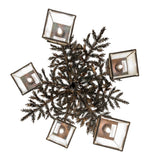 Bottom view of the chandelier revealing lantern bulbs and branch spread.