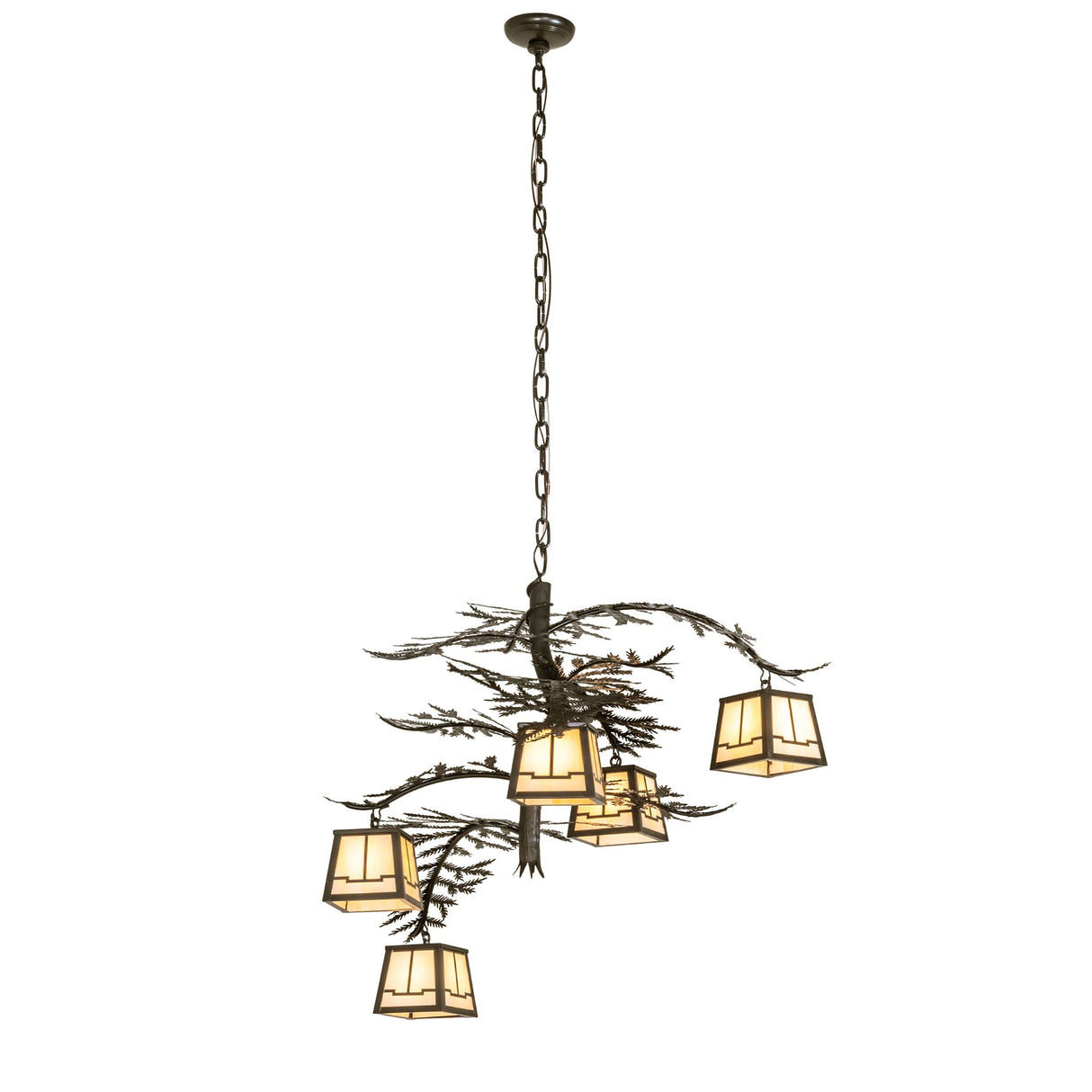 Full view of Pine Branch Valley View chandelier suspended with adjustable chain.