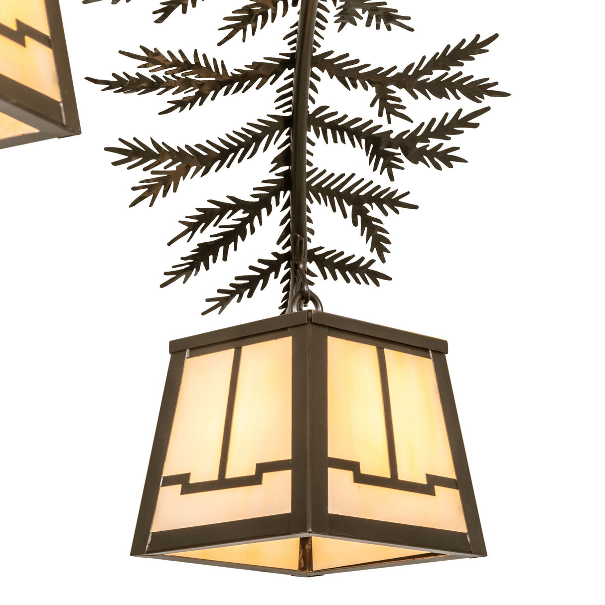 Close-up of art glass lantern on Pine Branch Valley View chandelier.