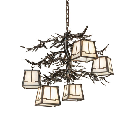 Lit view of 5 light chandelier glowing with beige art glass lanterns.