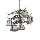 Unlit view of 5 light chandelier showing art glass lantern color and patina.