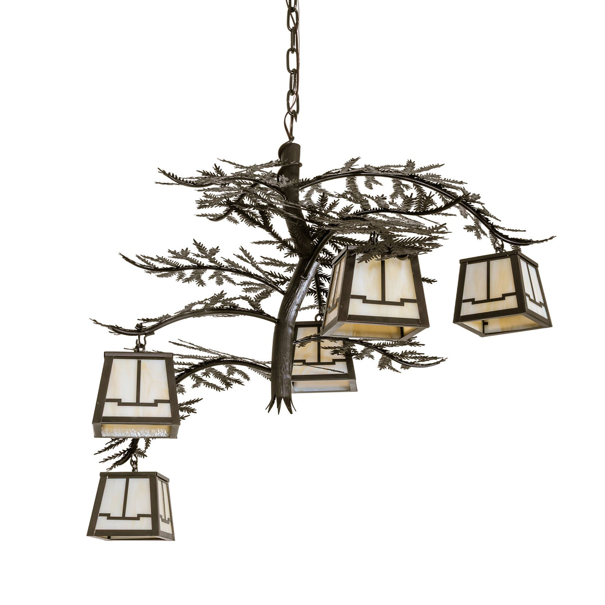 Unlit Pine Branch Valley View chandelier showing pine branch arms and art glass lanterns.