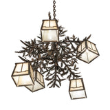 Upward angled view of chandelier showing art glass lantern underside.