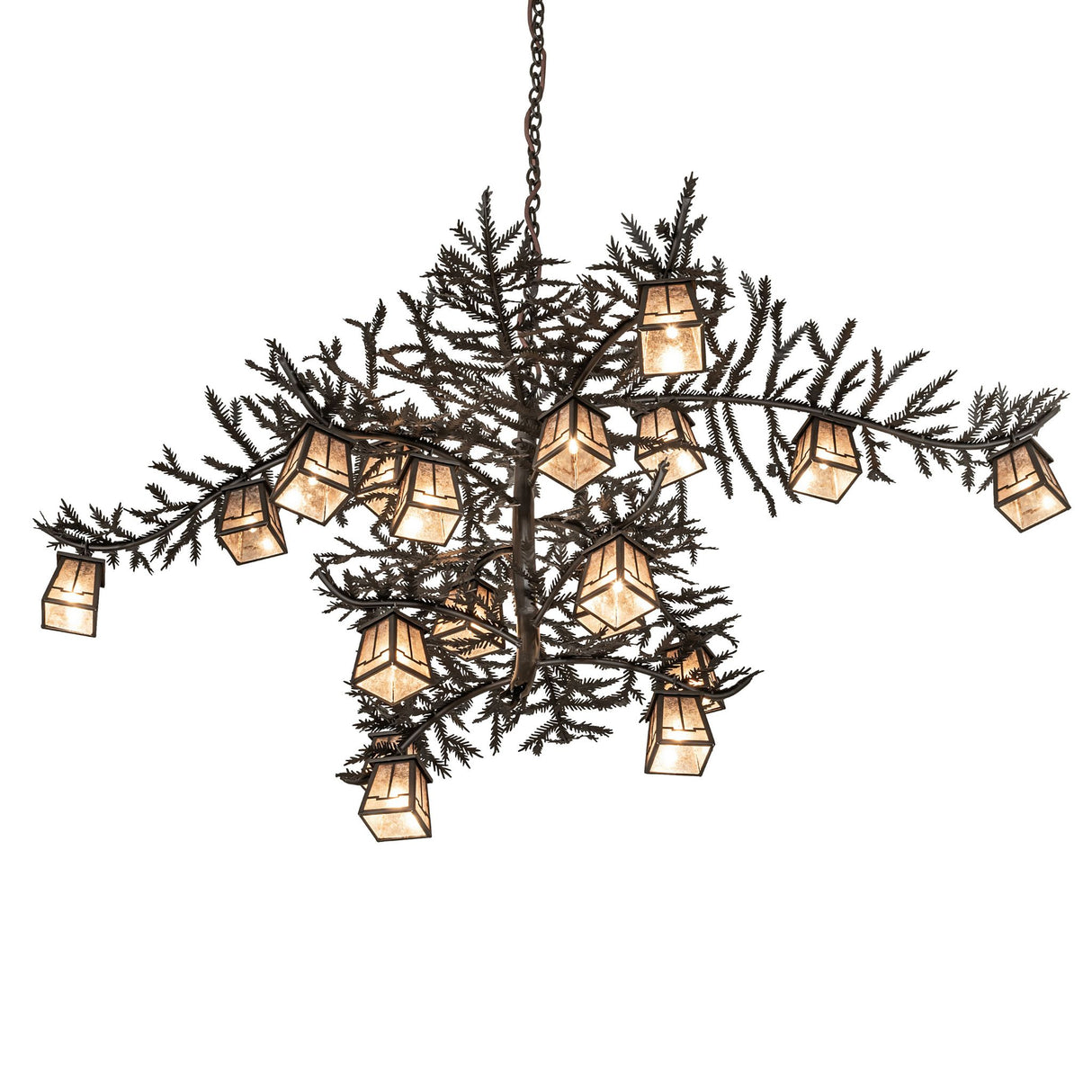 Bottom angle view of chandelier with lanterns suspended beneath branches.