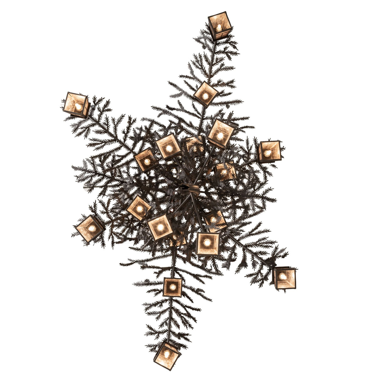 Bottom view of chandelier showing lantern alignment and branch symmetry.