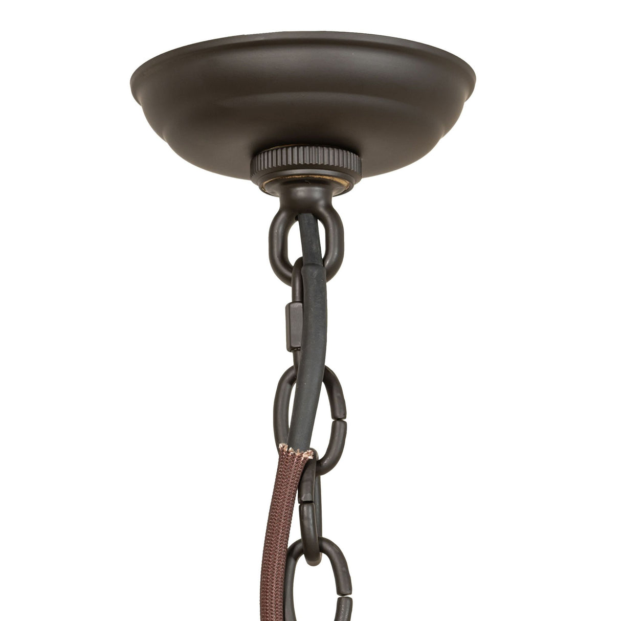 Ceiling canopy and hanging chain detail of the chandelier in oil rubbed bronze finish.