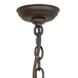 Ceiling canopy and hanging chain detail of the chandelier in oil rubbed bronze finish.
