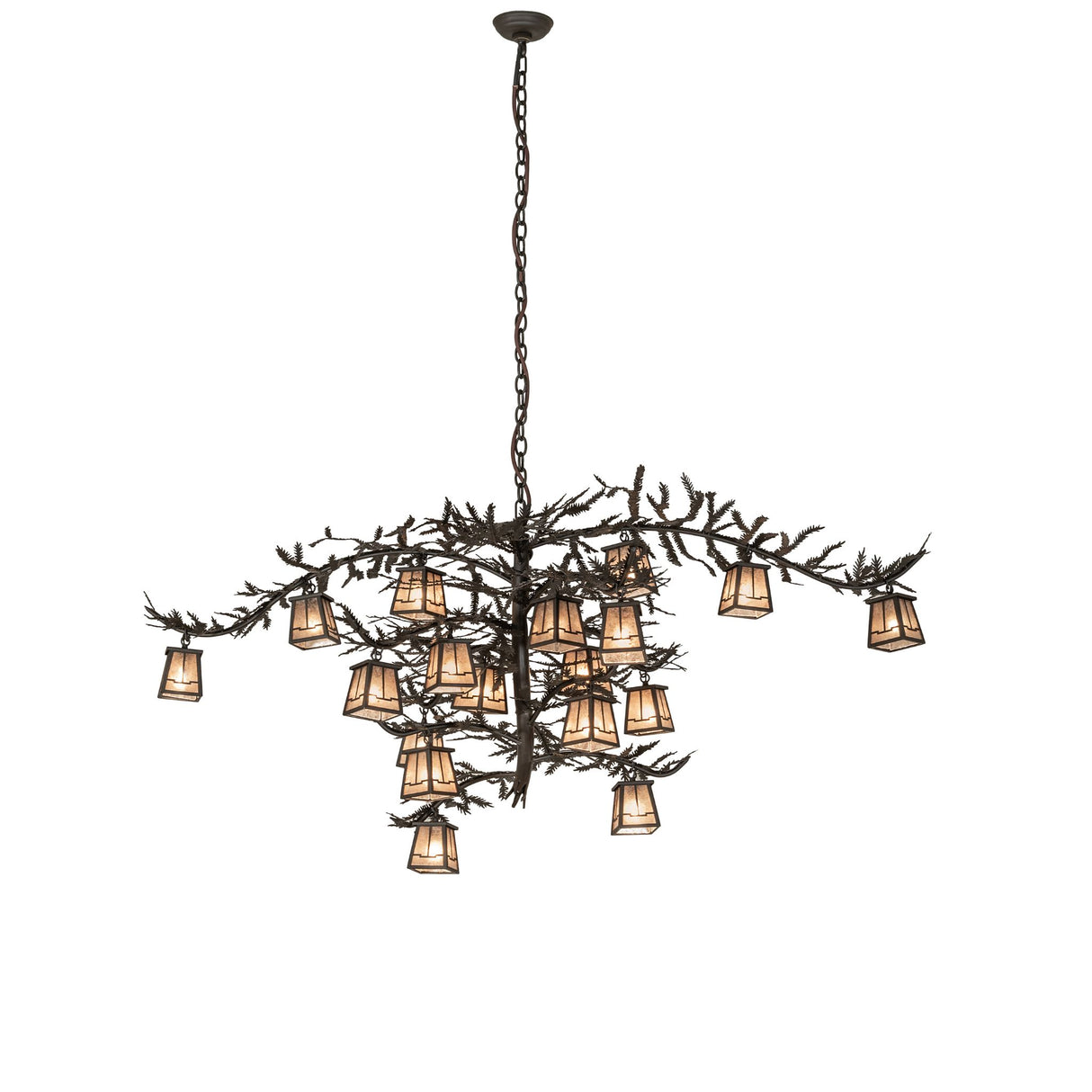 Full view of the chandelier featuring pine branch arms and silver mica lantern shades.
