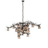 Full view of the chandelier featuring pine branch arms and silver mica lantern shades.