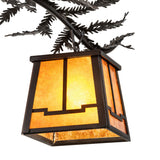 Close-up of lantern shade in textured black metal with geometric Arts and Crafts styling.