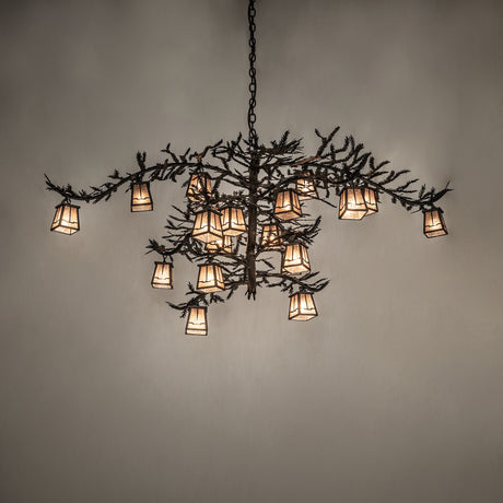 Pine Branch chandelier lit with warm ambient glow highlighting pine branch arms.