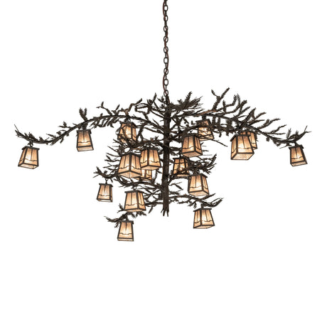 Pine branch 18-light chandelier lit view showing pine branch design and glowing lanterns.
