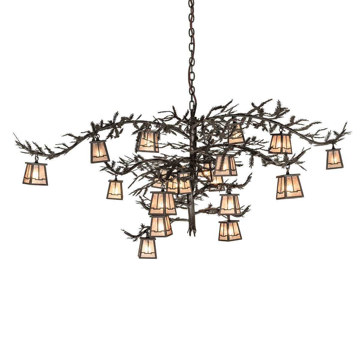 Side angle view of pine branch valley view chandelier showcasing layered pine branch arms.
