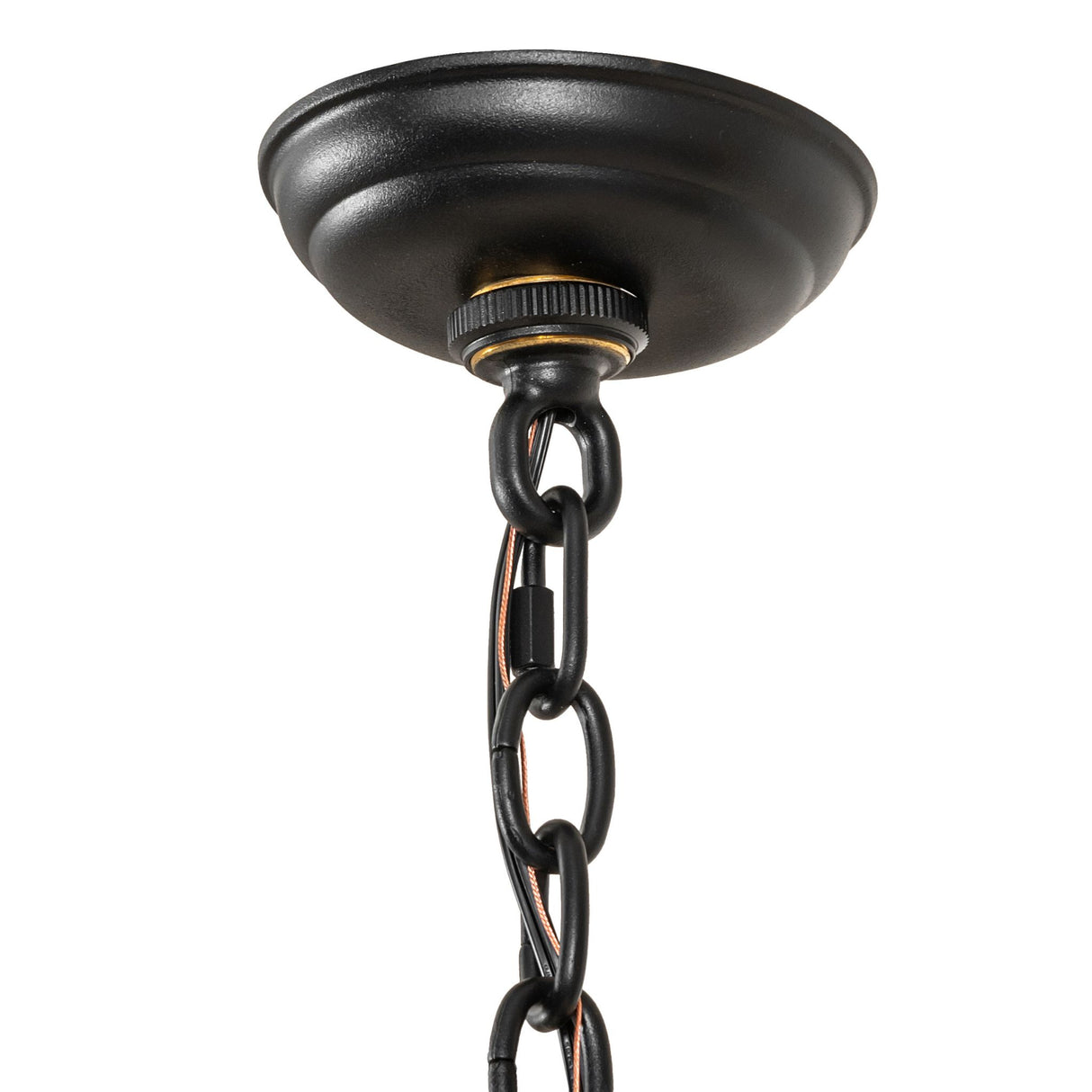 Close-up of chain mount, canopy, and textured black hardware.