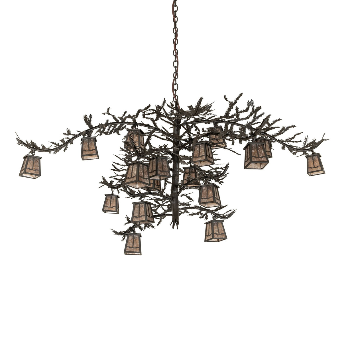Unlit view chandelier showing natural pine branch structure and lantern shades.