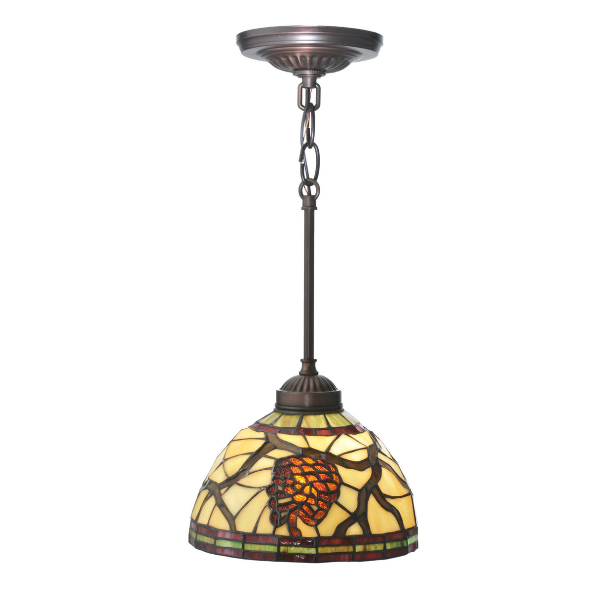 8" Wide Pinecone mini pendant with stained glass shade.