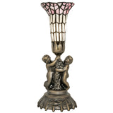 Full structure of cherub lamp with pink and white glass shade.