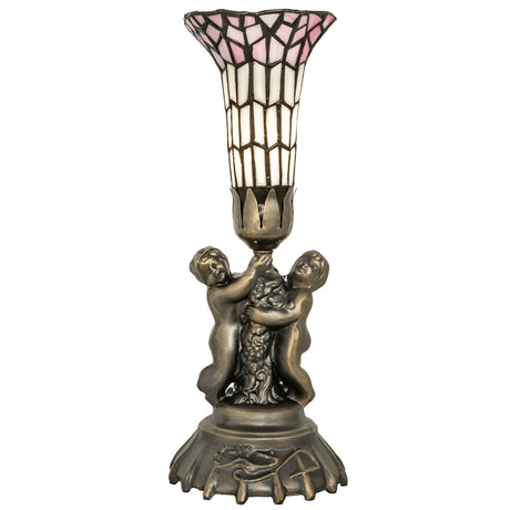 Full structure of cherub lamp with pink and white glass shade.