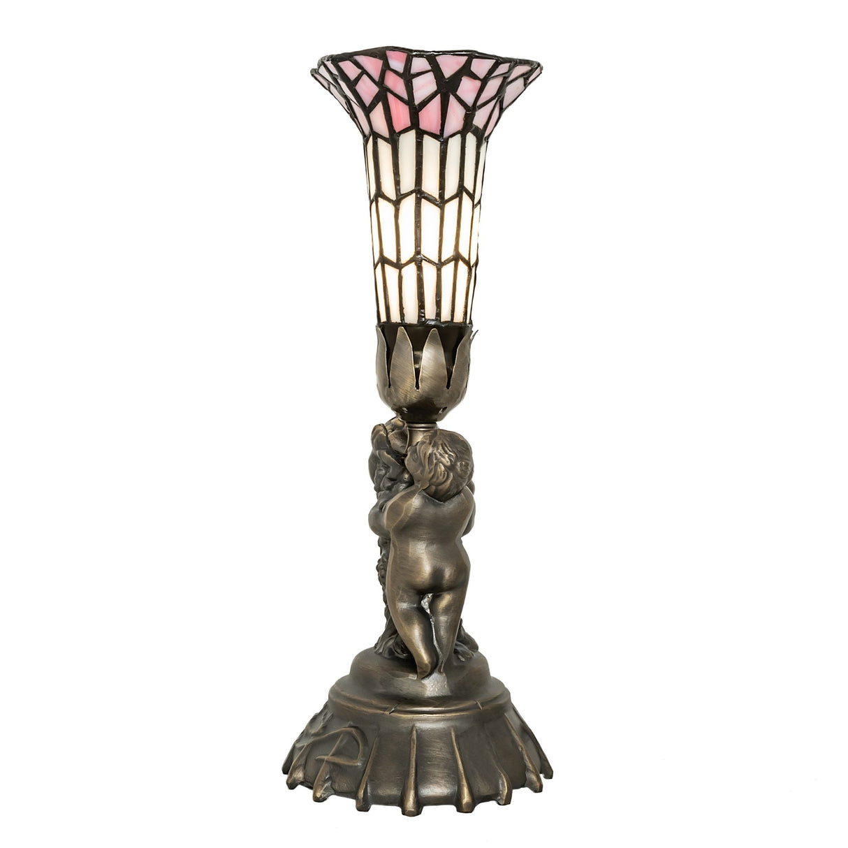 Side view of pink and white stained glass cherub lamp.
