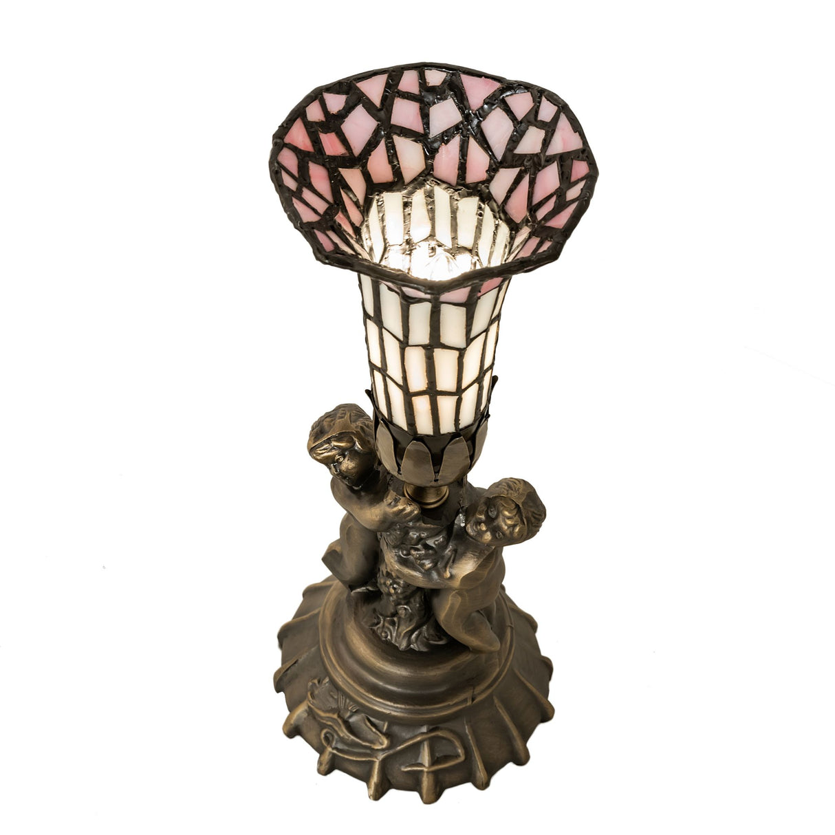 Top angle showcasing stained glass shade of cherub lamp.
