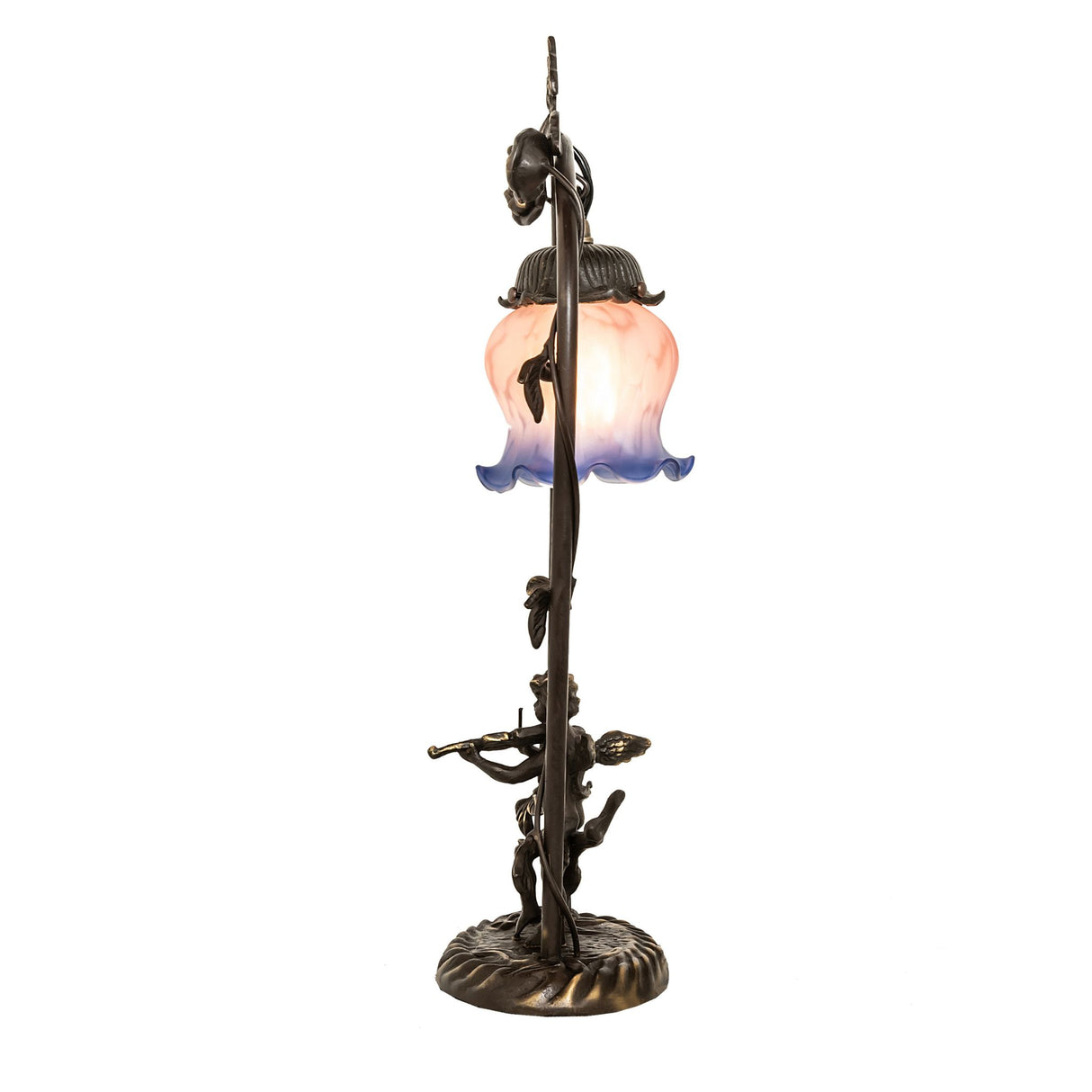 Side view of Cherub With Violin Mini Lamp featuring bronze trellis base.