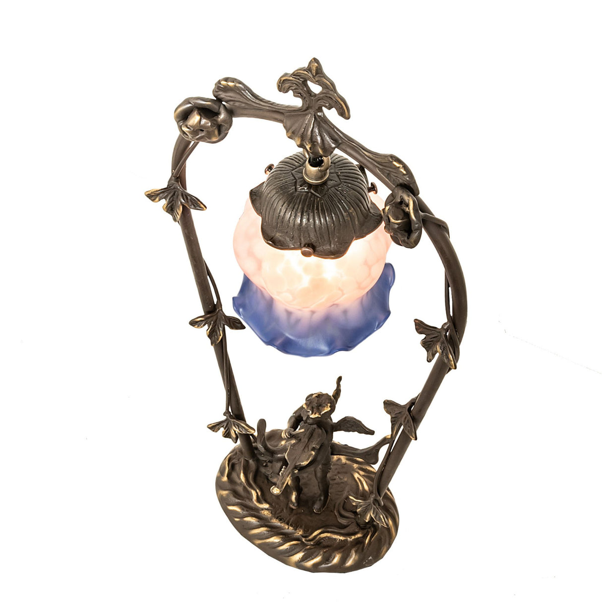 Top angle highlighting the intricate trellis and glass shade of the cherub lamp.