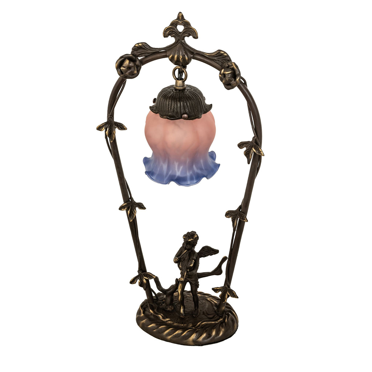 Unlit view of the pink and blue cherub violin mini lamp with bronze accents.