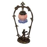 Unlit view of the pink and blue cherub violin mini lamp with bronze accents.