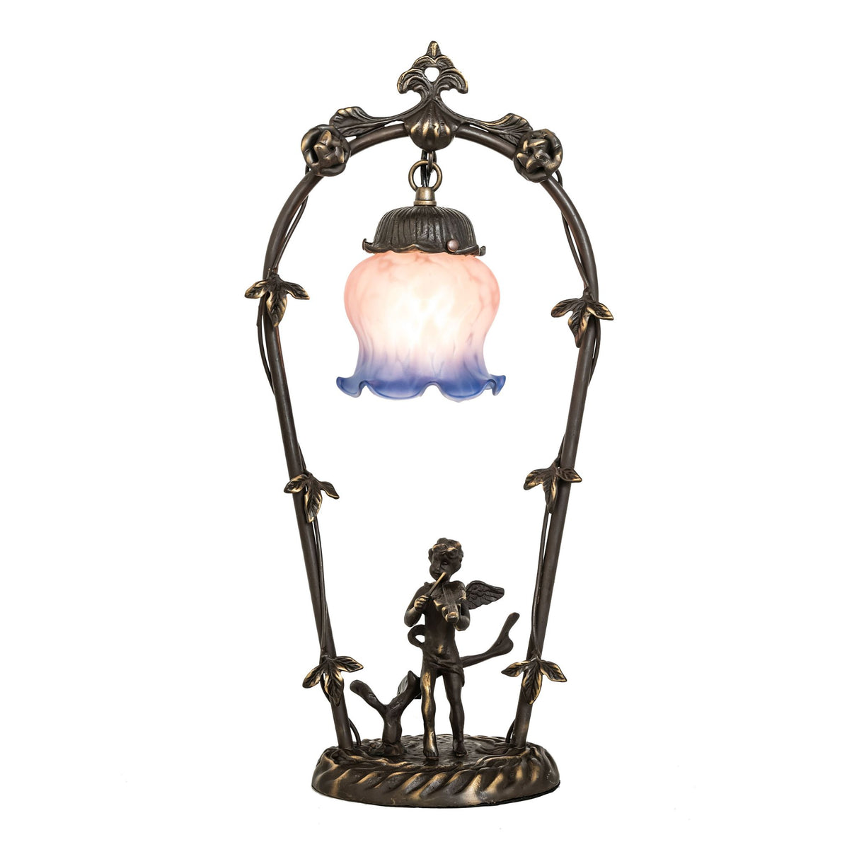 Upright view showcasing the pink and blue cherub mini lamp with violin detail.