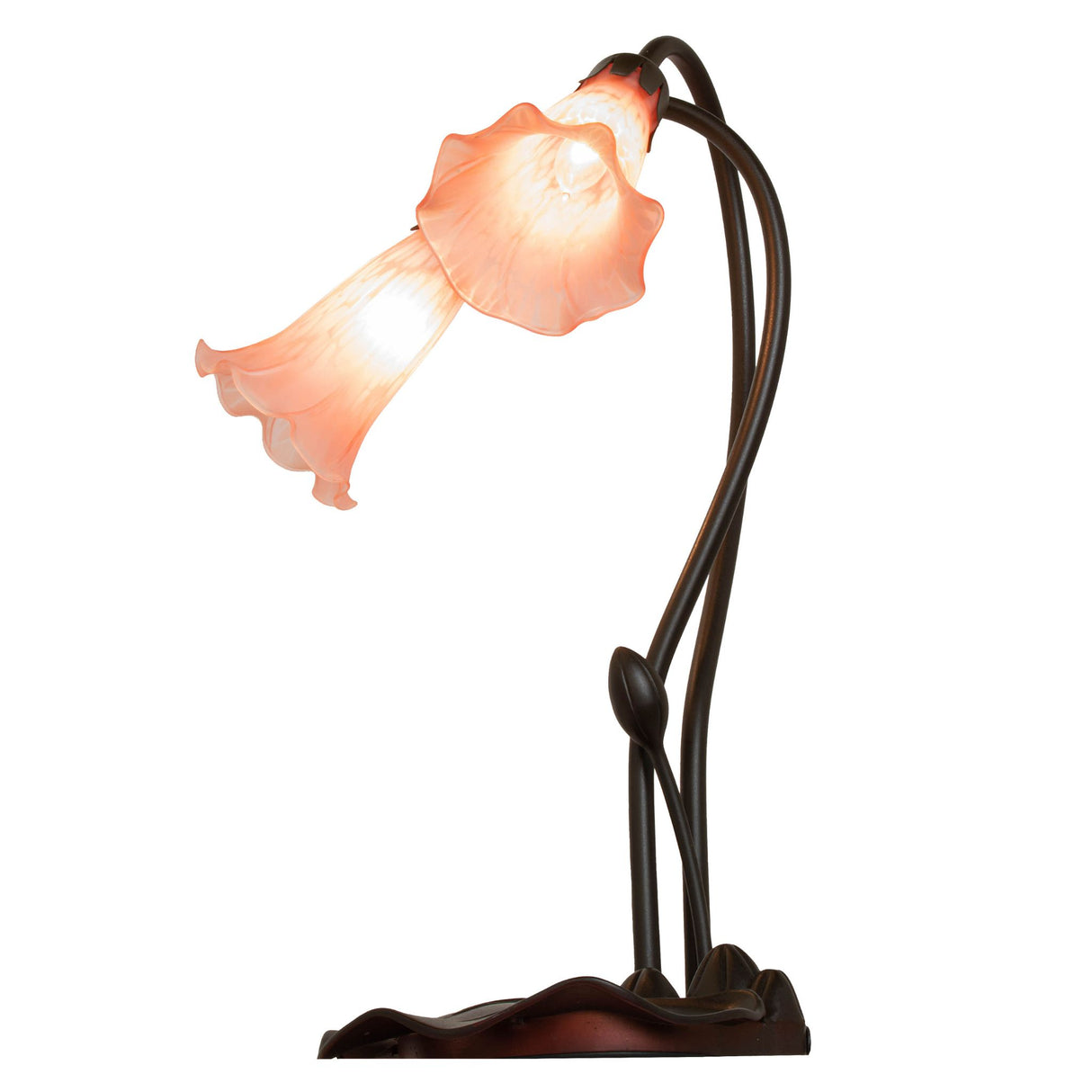 Angled view of the Pink Pond Lily accent lamp featuring artistic stems and fluted shades.