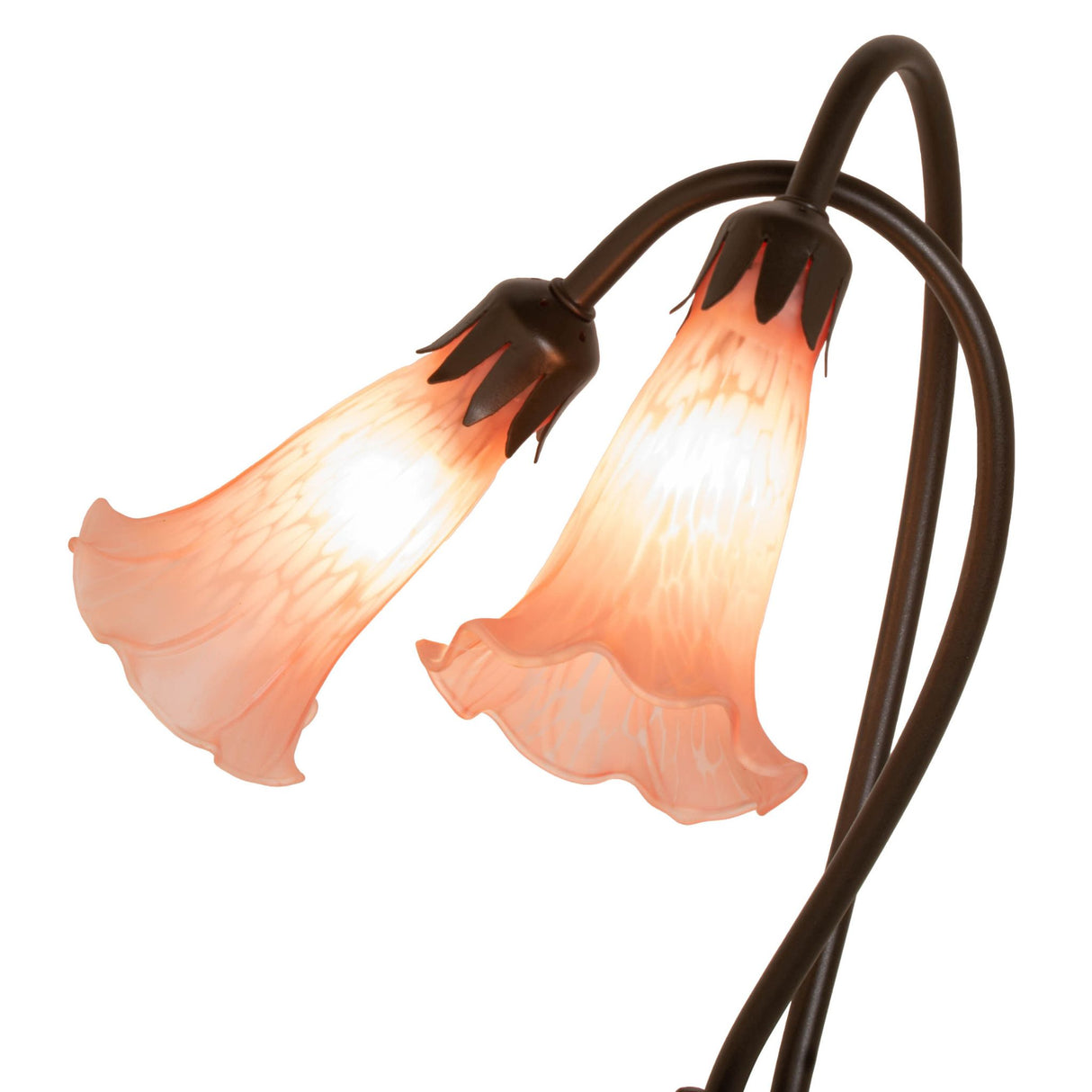 Closeup of the Pink Pond Lily lamp’s petal pink hand-blown glass shades.